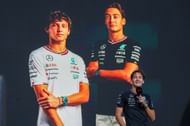 George Russell speaks at the Fan Forum with a photo of himself and future teammate Andrea Kimi Antonelli before the Sprint Race of the Formula 1 Pirelli United States Grand Prix - Source: Getty